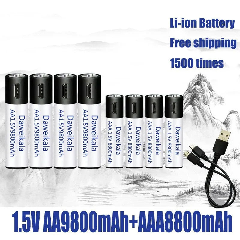 USB rechargeable AA AAA battery 1.5V with 1500 cycles and 9800mAh capacity