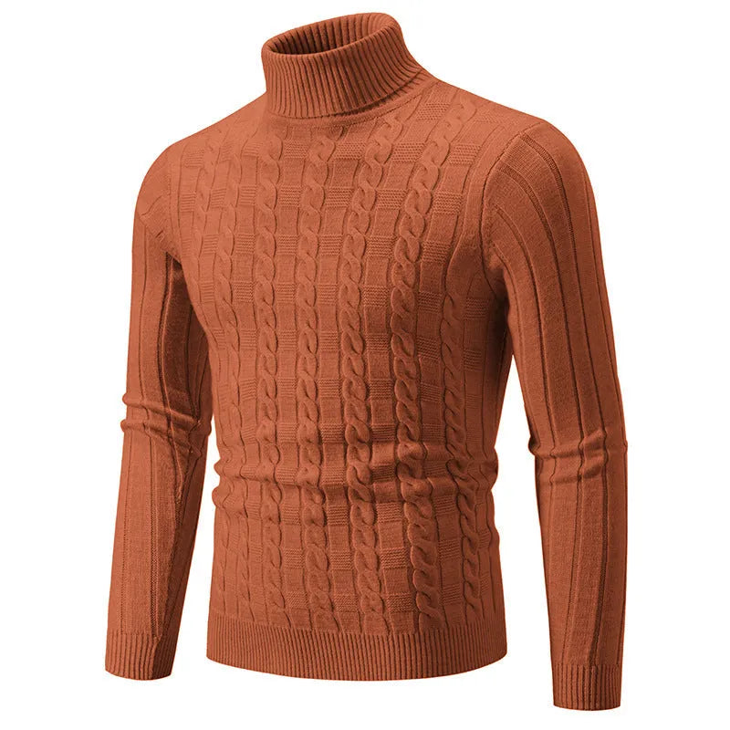 Men's slim fit twist turtleneck pullover sweater in chenille spandex fabric on a model.