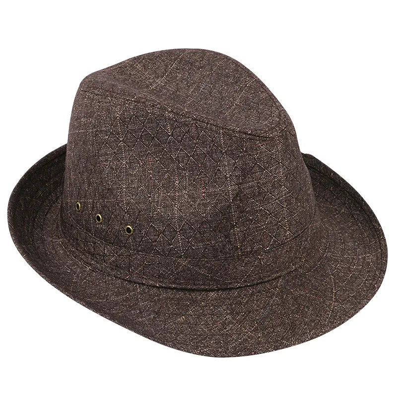 Classic brown fedora hat for men on a wooden stand, showing pinched crown and medium brim.