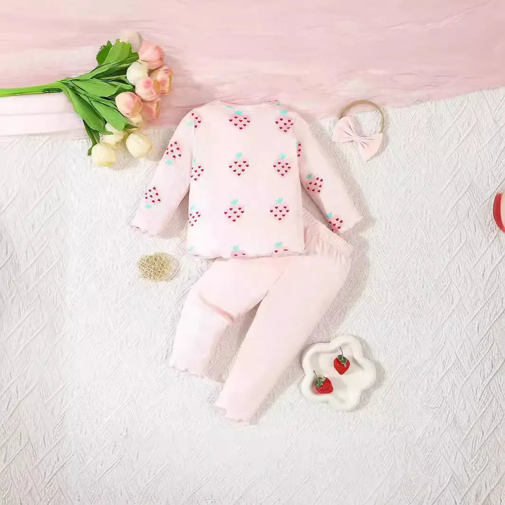 Infant wearing a light blue polyester 3-piece set with long sleeves, pants, and a matching hat.