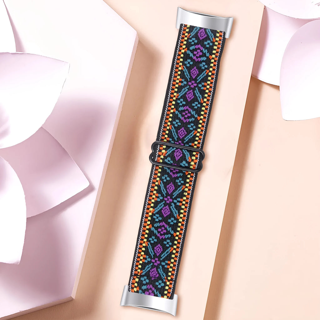 Printed elastic replacement strap for Fitbit Charge 6 watch in various colour designs
