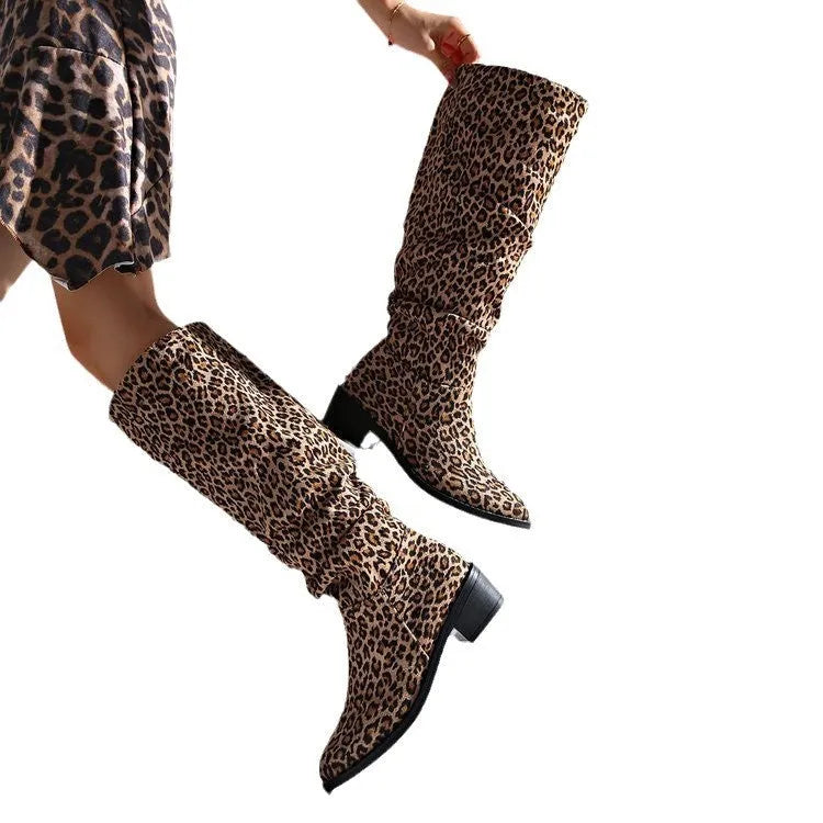 Brown leopard print women's ankle boots with a square toe and chunky block heel.