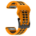 Quick release two-colour silicone watch strap showing black and orange colour combination with pin buckle closure