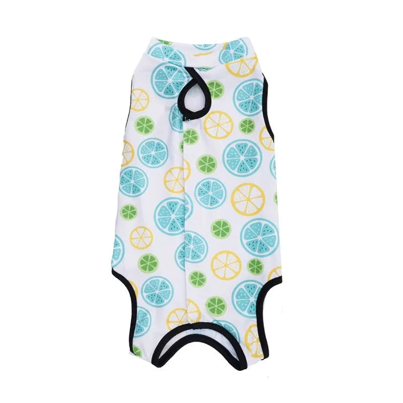 Adjustable velcro cat sterilisation recovery suit in a printed colour design, sizes S M L XL.