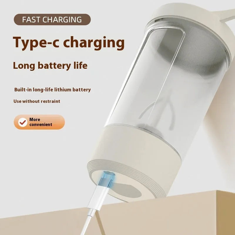 Electric protein shaker bottle 400ml 14oz with black body and white lid, USB charging port visible