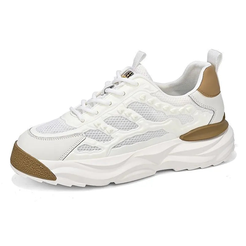 Men's white and black breathable mesh shoes with round toe design and PU construction