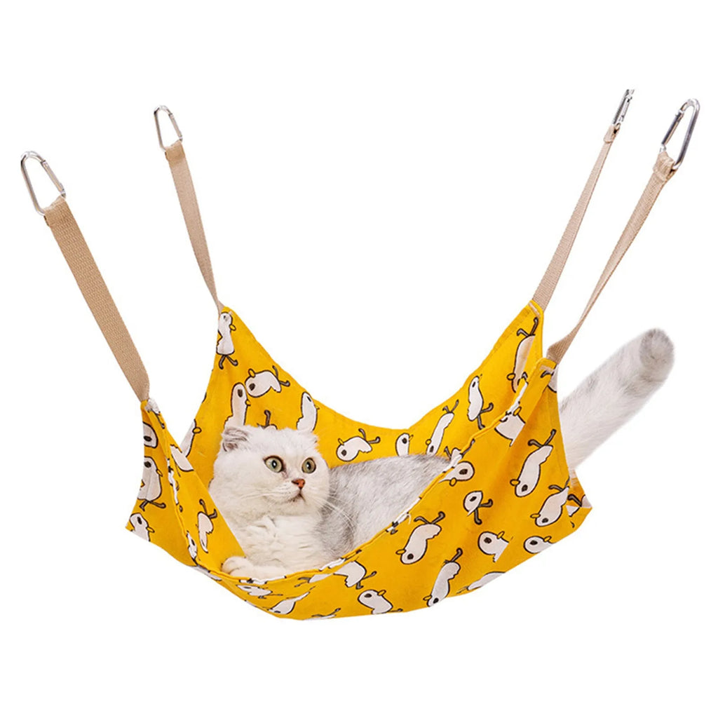 Yellow multicolour cotton linen cat hammock bed with hanging hook, measuring 47cm square.