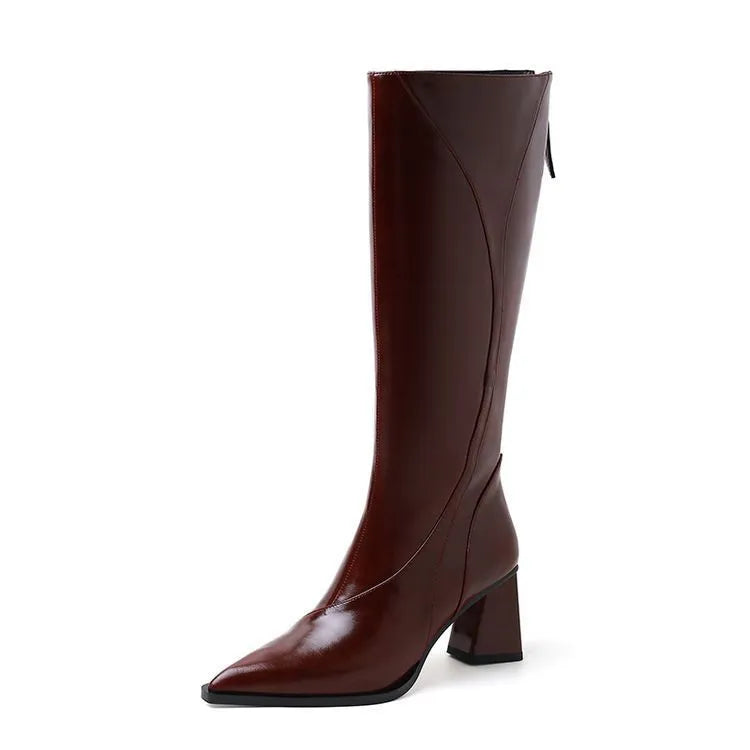 Women's black cowhide leather high heel riding boots with waterproof platform soles
