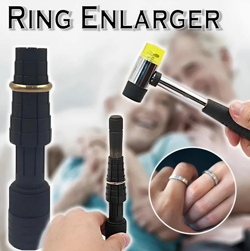 Ring expansion tool with stretcher mechanism and rubber hammer for jewellery size adjustment