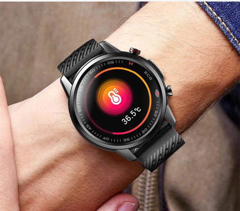 F800 black ECG blood pressure sports smart watch with 1.3 inch screen and TPU strap.