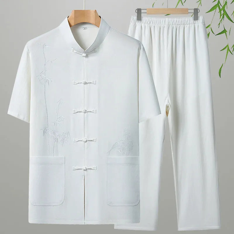 Cotton short-sleeved leisure suit for elderly men in grey colour with two-piece design