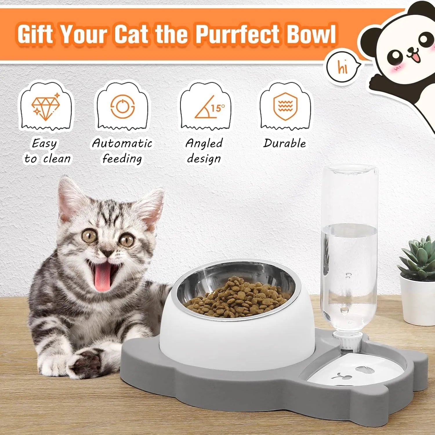Grey and green panda-shaped elevated pet feeder with tilted stainless steel bowl and automatic water bottle.