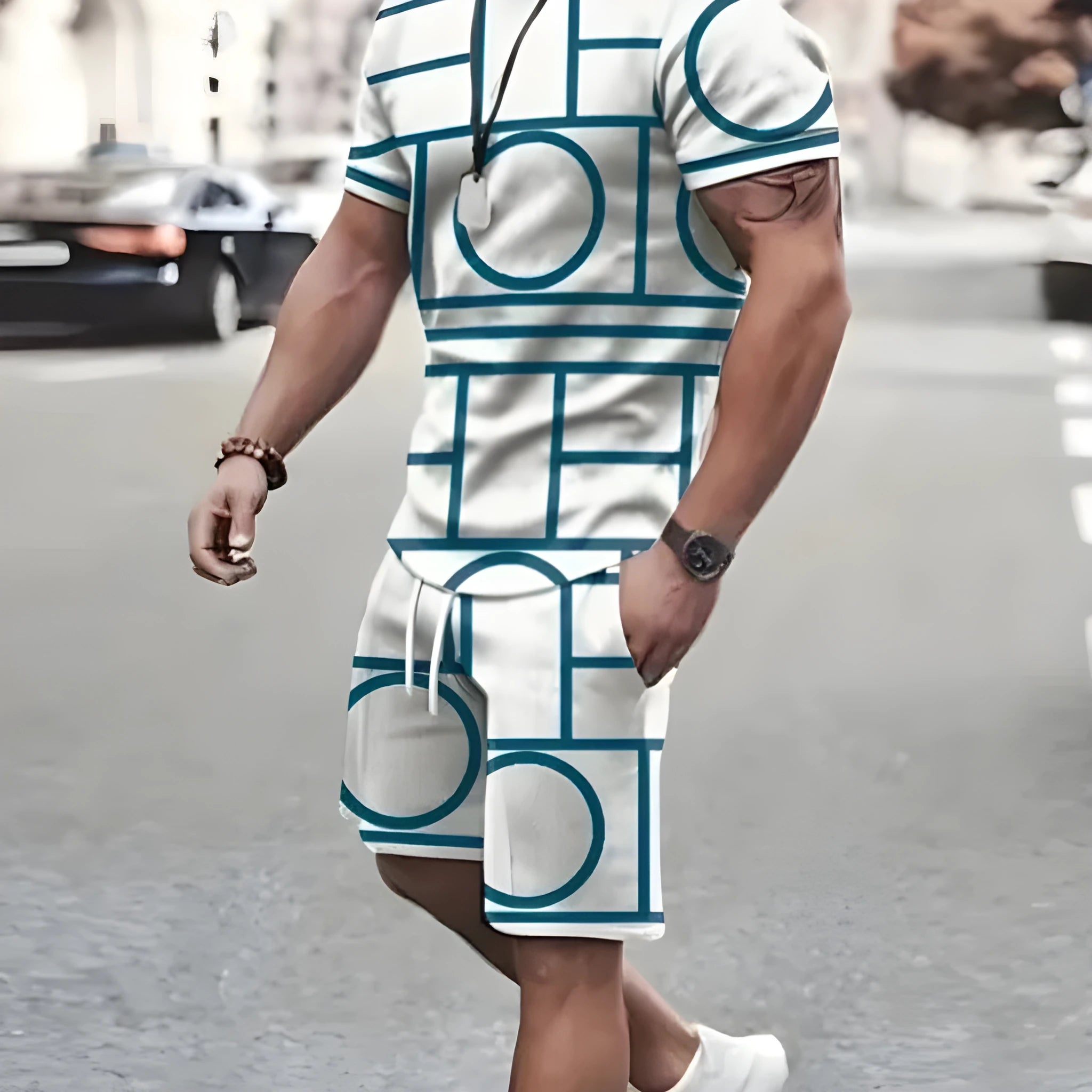 Grey sports two-piece set with short-sleeved T-shirt and shorts on a hanger