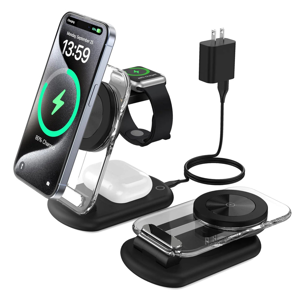Transparent folding magnetic three-in-one wireless charger showing internal coil, in black, on a desk.