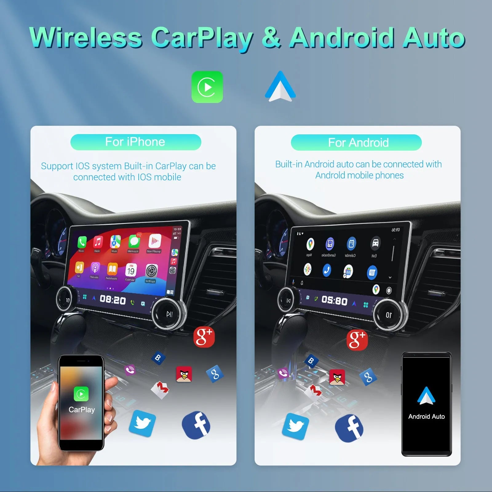 11.8-inch Android car multimedia player with dual knobs and QLED screen showing navigation interface