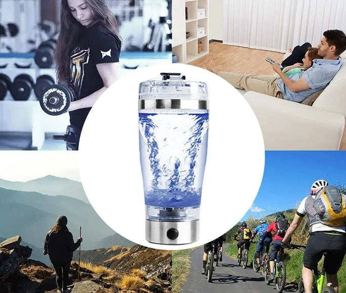 Stainless steel colour USB rechargeable electric shaker bottle with 600ml capacity.