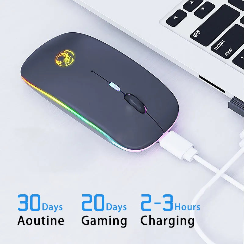 Black and white dual-mode silent wireless mouse with blue scroll wheel light, shown next to its USB charging cable.