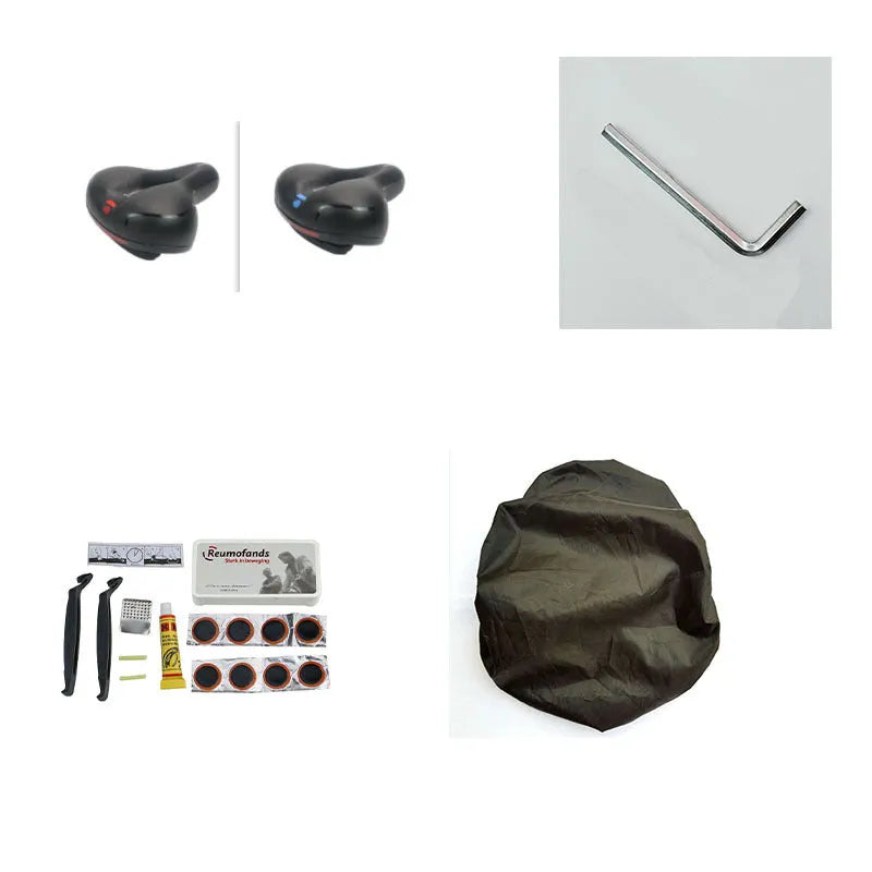 Soft silicone bicycle saddle cushion with black PU leather cover, shown with included waterproof cover, wrench, and puncture repair kit.