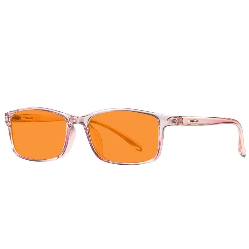 Orange lens anti-blue light glasses in a full rim frame, shown in one of four available colour options.