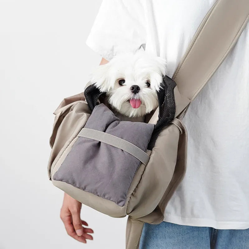 Apricot-coloured cloth pet carrier handbag for small dogs and cats showing medium size