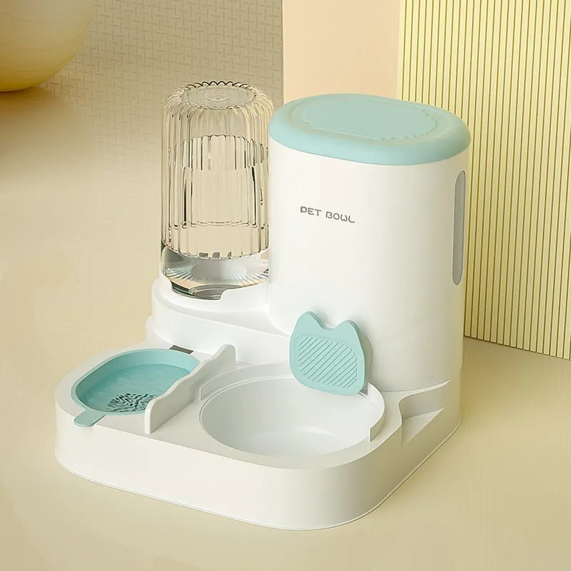 Automatic cat feeding and water fountain station with integrated double bowl in avocado green