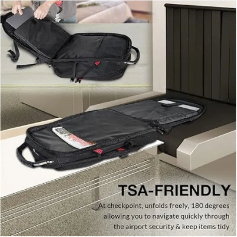 Large black USB backpack with curved shoulder straps showing front compartment and Oxford cloth material