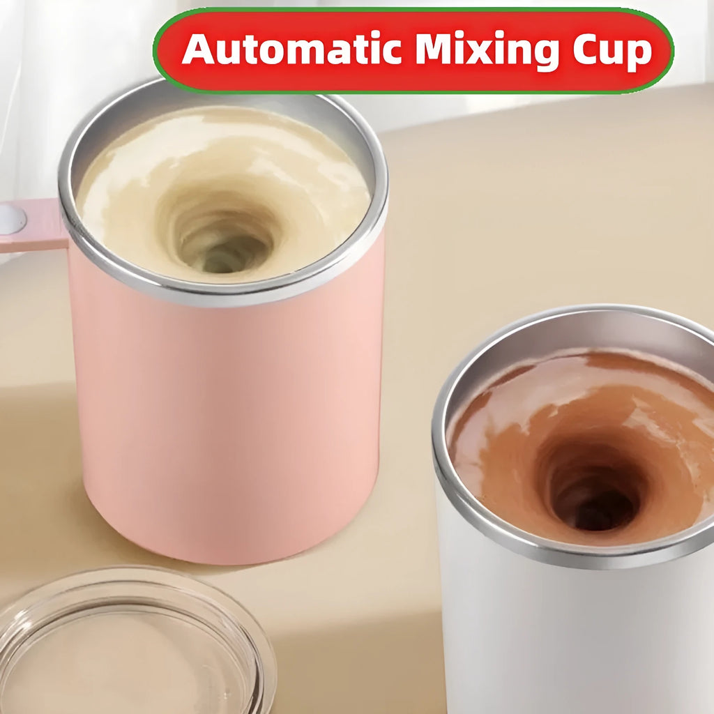 White automatic self-stirring coffee cup with magnetic base and power button.