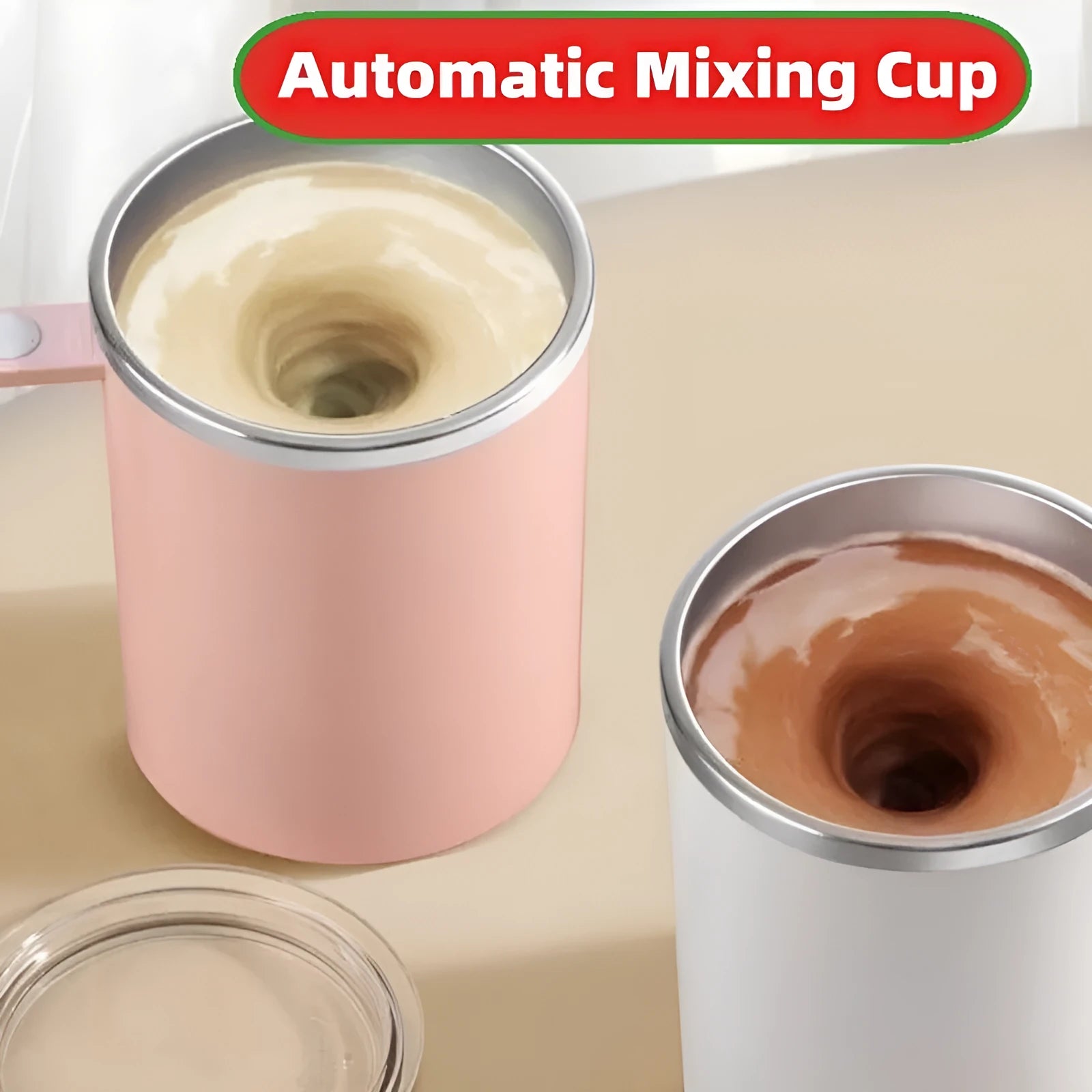 White automatic self-stirring coffee cup with magnetic base and power button.