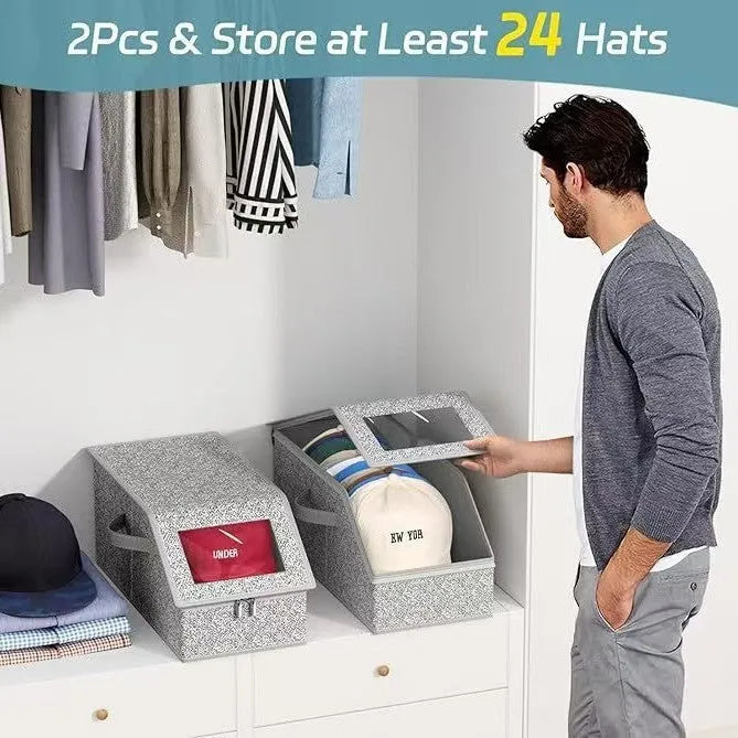 Grey foldable and stackable woven fabric storage box with lid for baseball caps and organisation.