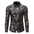 Men's casual lapel shirt with a metallic bronzed print design in an elastic polyester fabric.