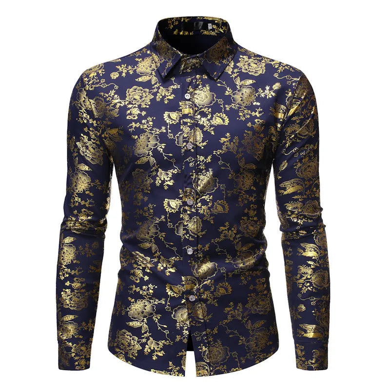 Men's casual lapel shirt with a metallic bronzed print design in an elastic polyester fabric.