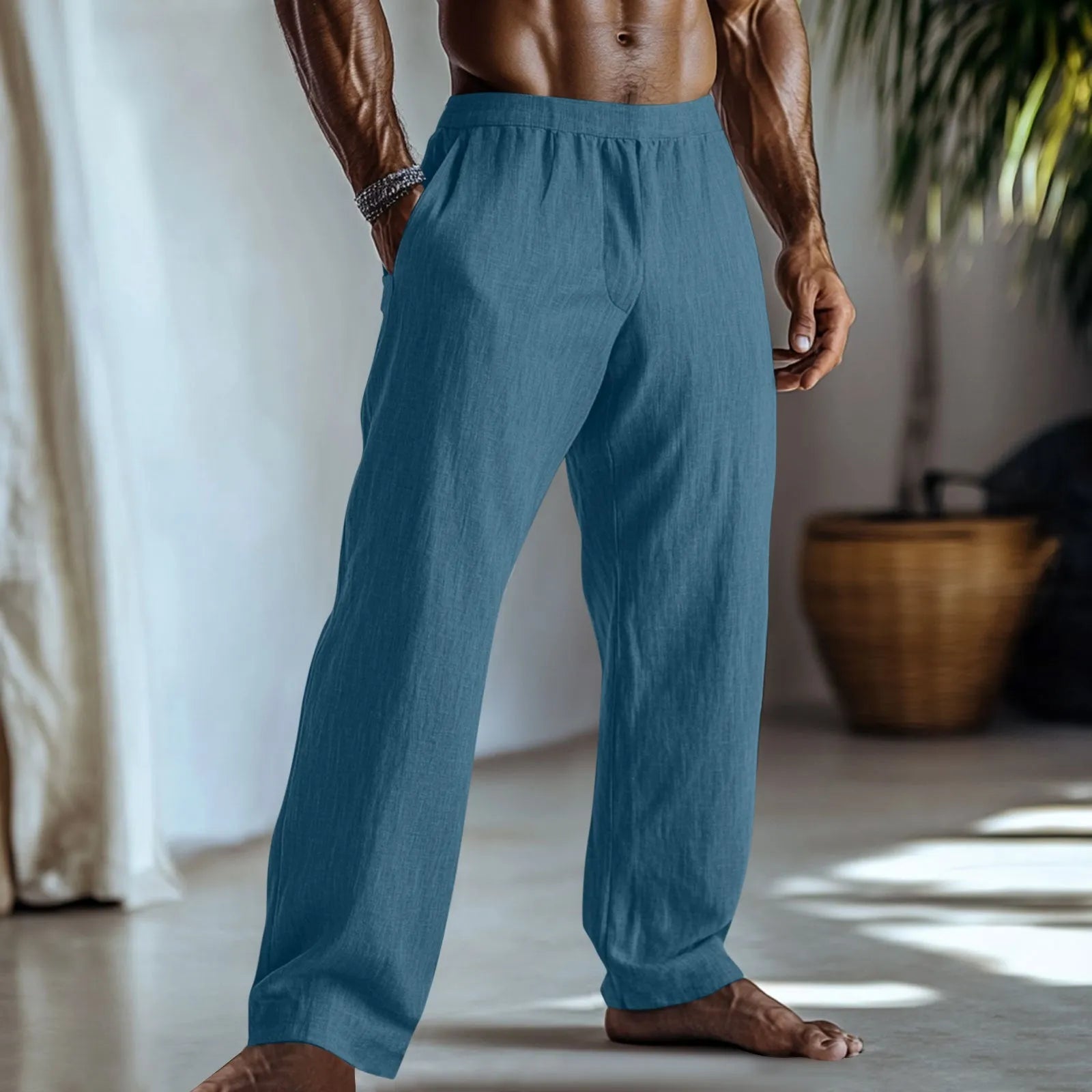 Straight leg casual trousers in a cotton linen blend, shown in one of seven available solid colours.