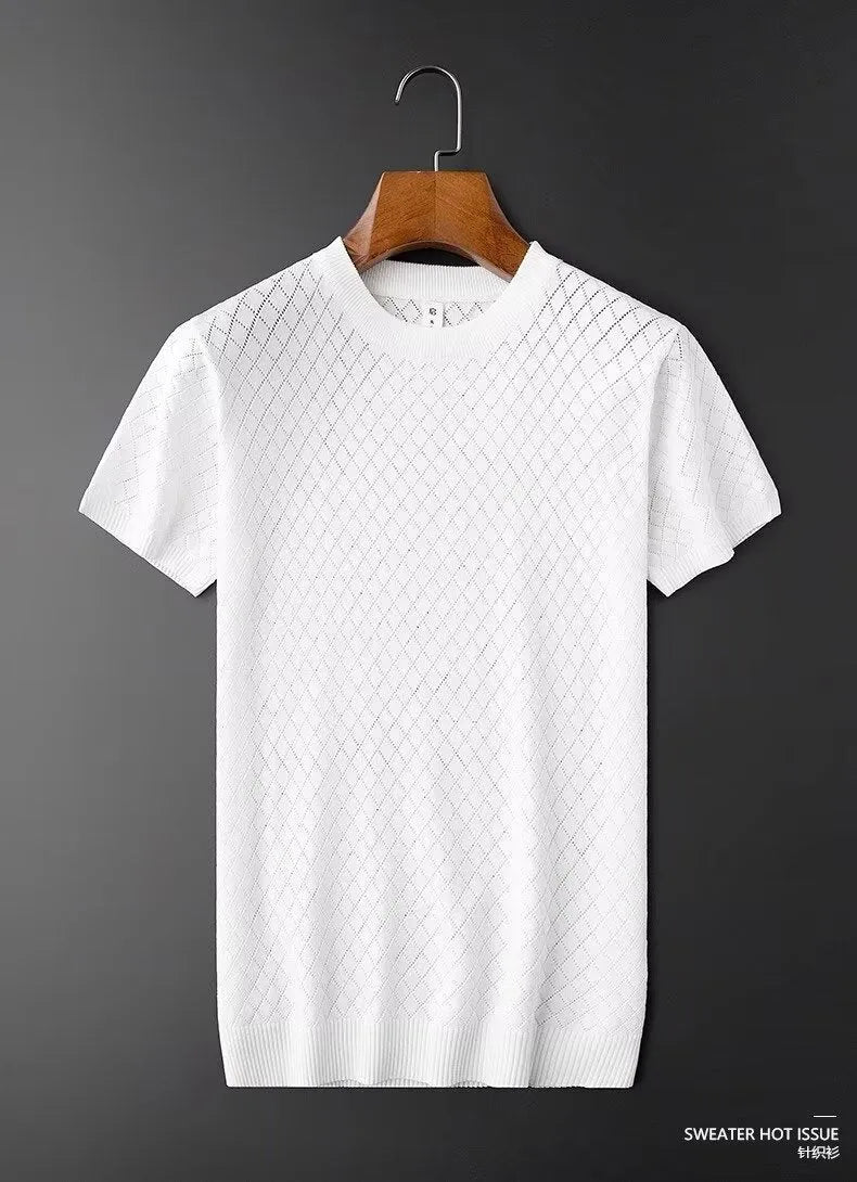 Men's black and white Ice Silk t-shirt with cut-out detail, showing V-neck and round neck style options.