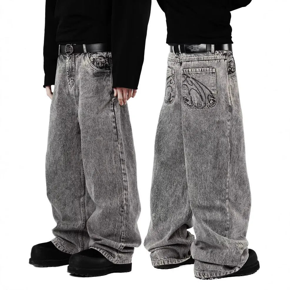 Grey loose straight-leg denim trousers for men and women with mid-waist fit