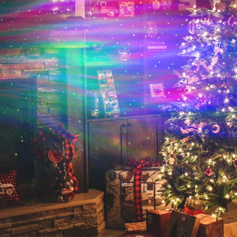 White ABS starlight projector with aurora borealis and moon projection, remote control, and USB cable