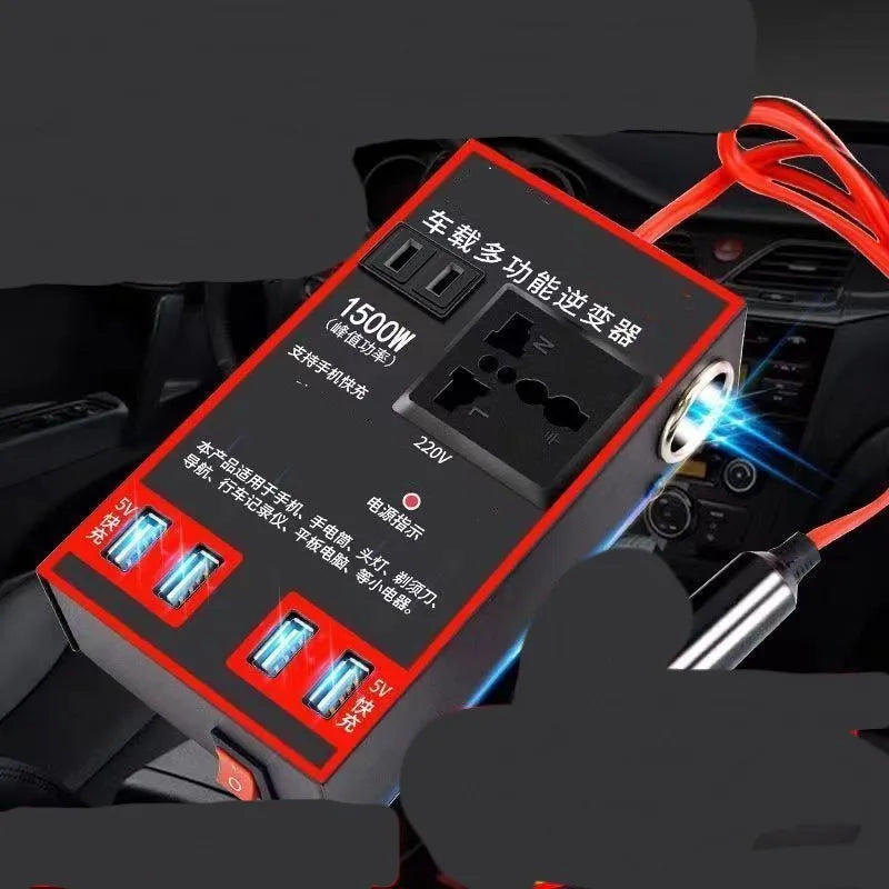 Black automotive power converter for 12V and 24V vehicle systems converting to 220V AC with USB charging ports