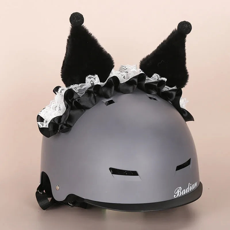 A soft plush cartoon character cover stretched over a medium-sized motorcycle helmet.