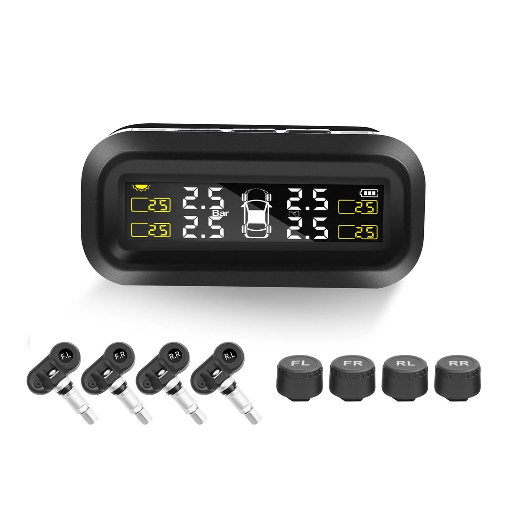 Wireless solar car tyre pressure monitor with colour display and four external sensors.