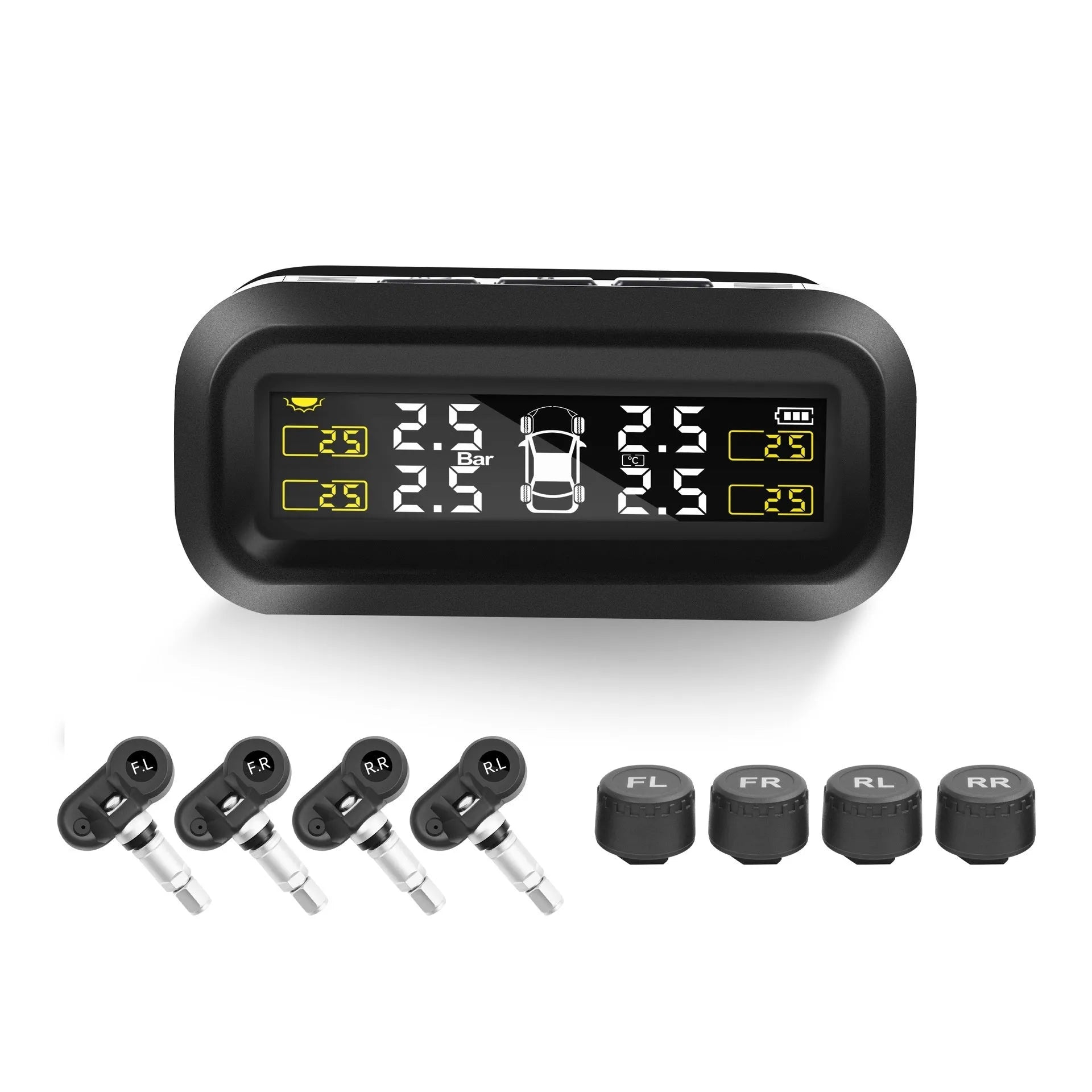 Wireless solar car tyre pressure monitor with colour display and four external sensors.