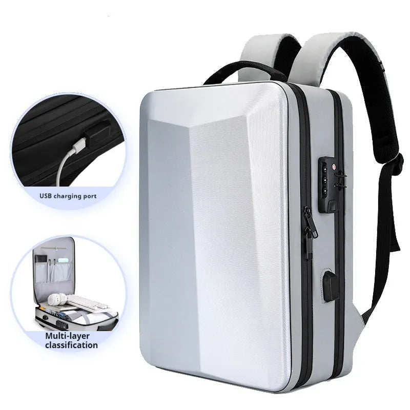 A black men's business backpack made of ABS PC and Oxford cloth, shown with curved shoulder straps.