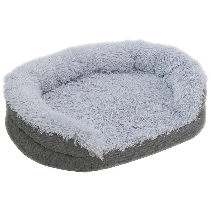 Gray plush dog kennel large size oval open nest with cloth interior