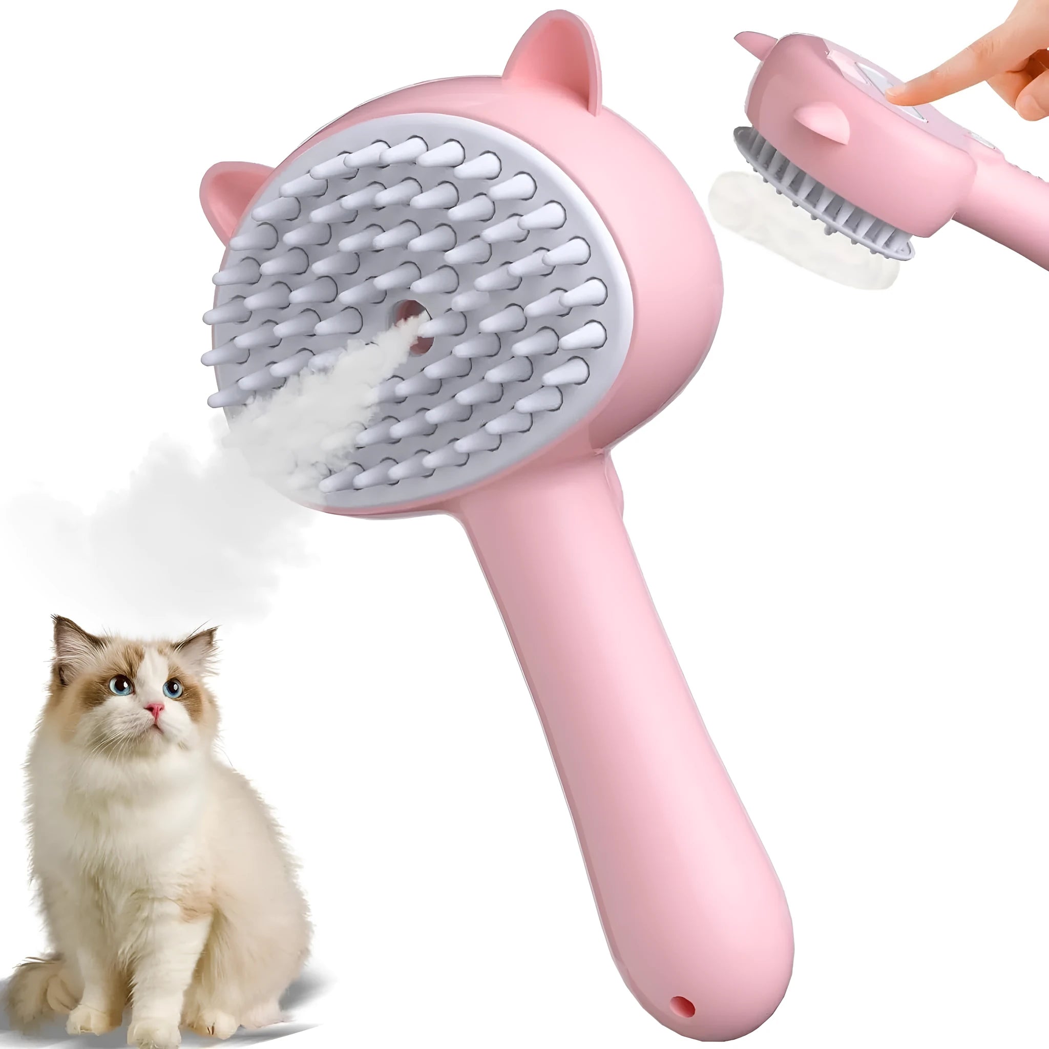 Blue cat steam brush with ergonomic handle and soft rubber comb teeth for pet grooming