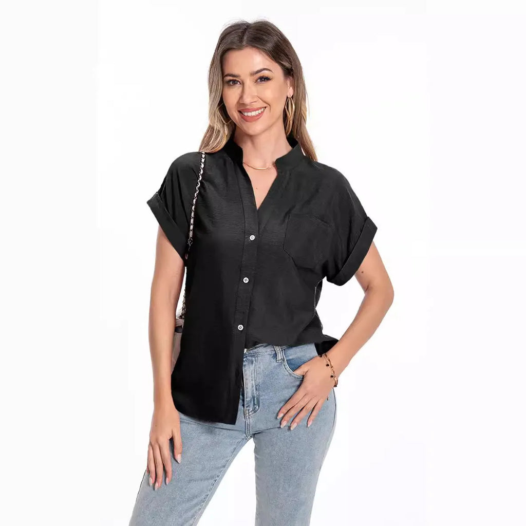 Women's stand collar button front summer top in loose fit with short sleeves