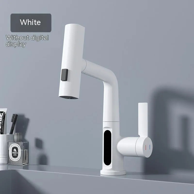 Digital display pull-out kitchen faucet with LED temperature readout and rotating waterfall spout