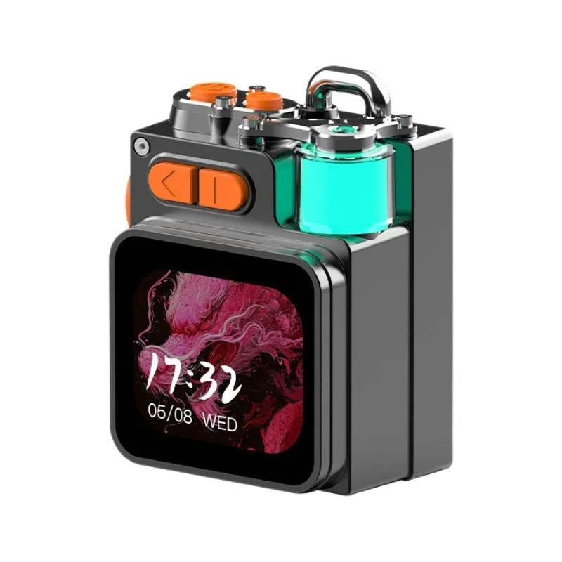 Dark grey portable Bluetooth speaker with a touch screen, showing compact dimensions.