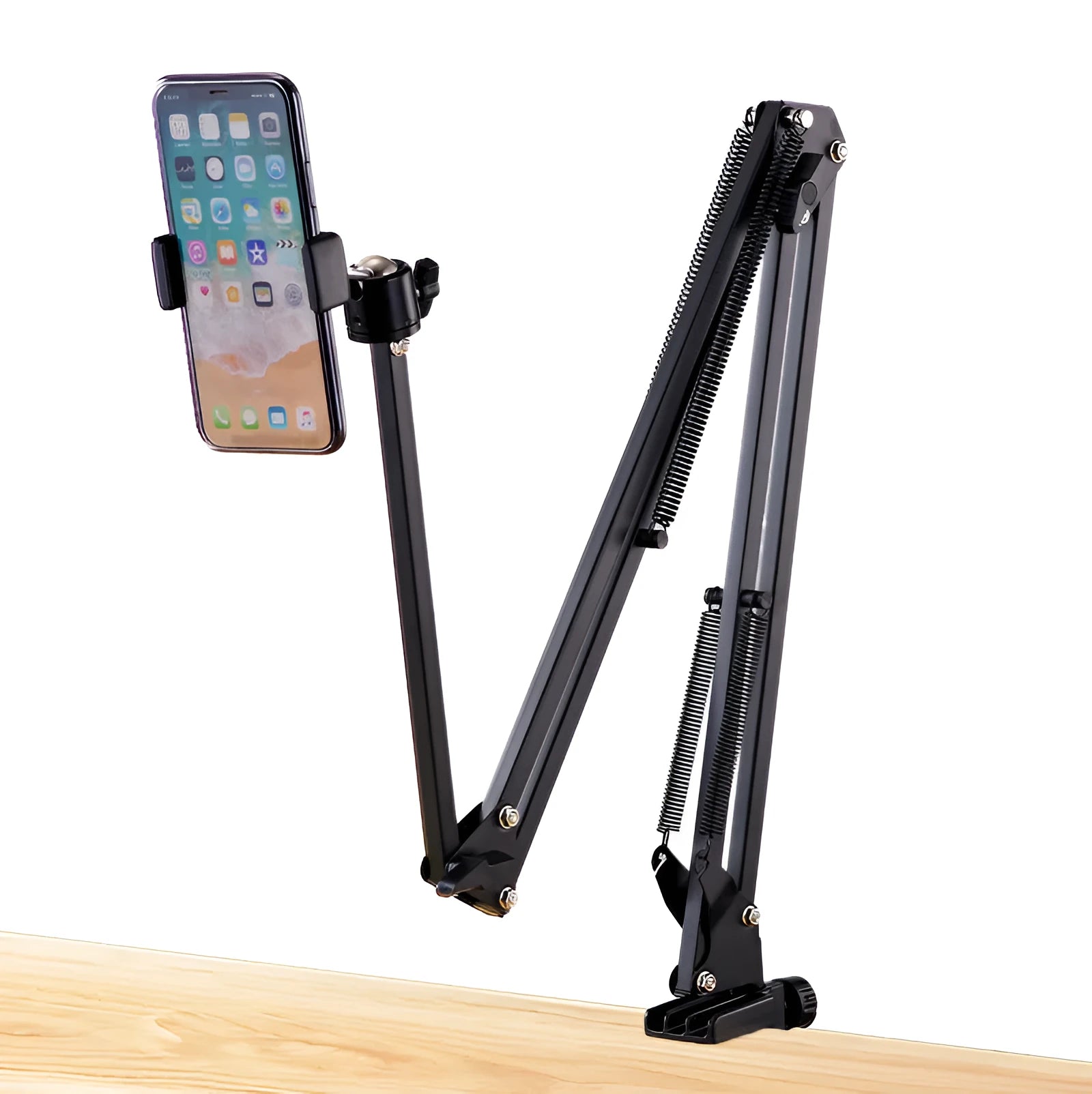 Black foldable metal desktop cantilever bracket holding a tablet, showing its adjustable arm and clip.