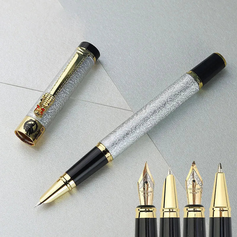Metal fountain pen with iridium nib shown in one of seven colours: black, gold, green, grey, purple, red, or silver.