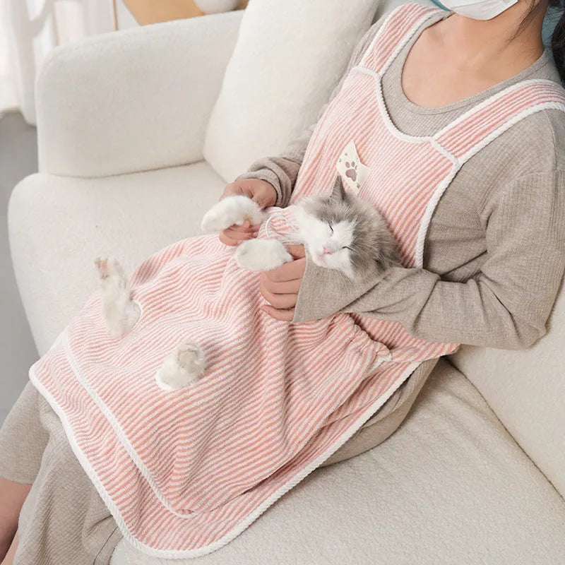 Cat petting apron in cloth material showing colour options including pink, light blue, light purple and striped patterns