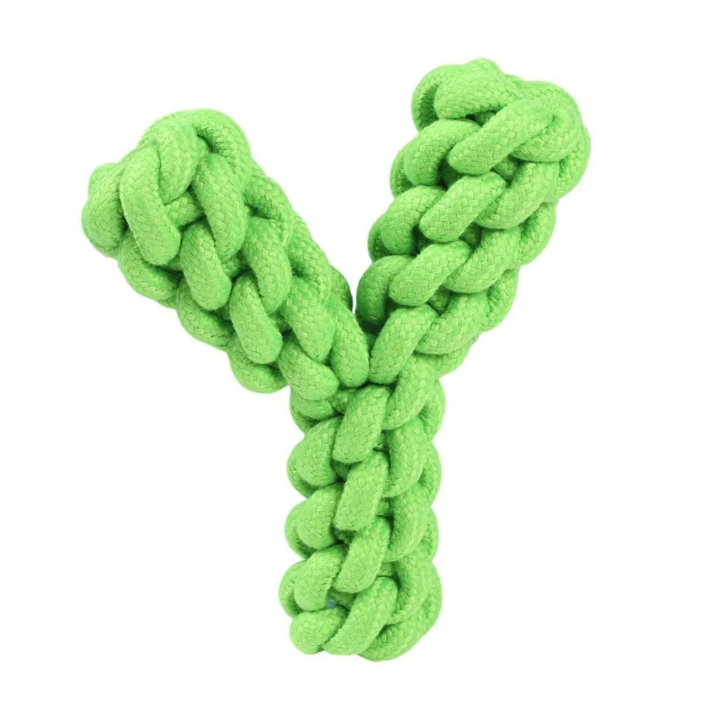 Blue Y-shaped cotton rope dog chew toy for large dogs on a white background