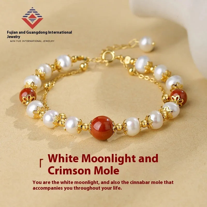 Sterling silver double-layer bracelet with freshwater pearls and red bean charms